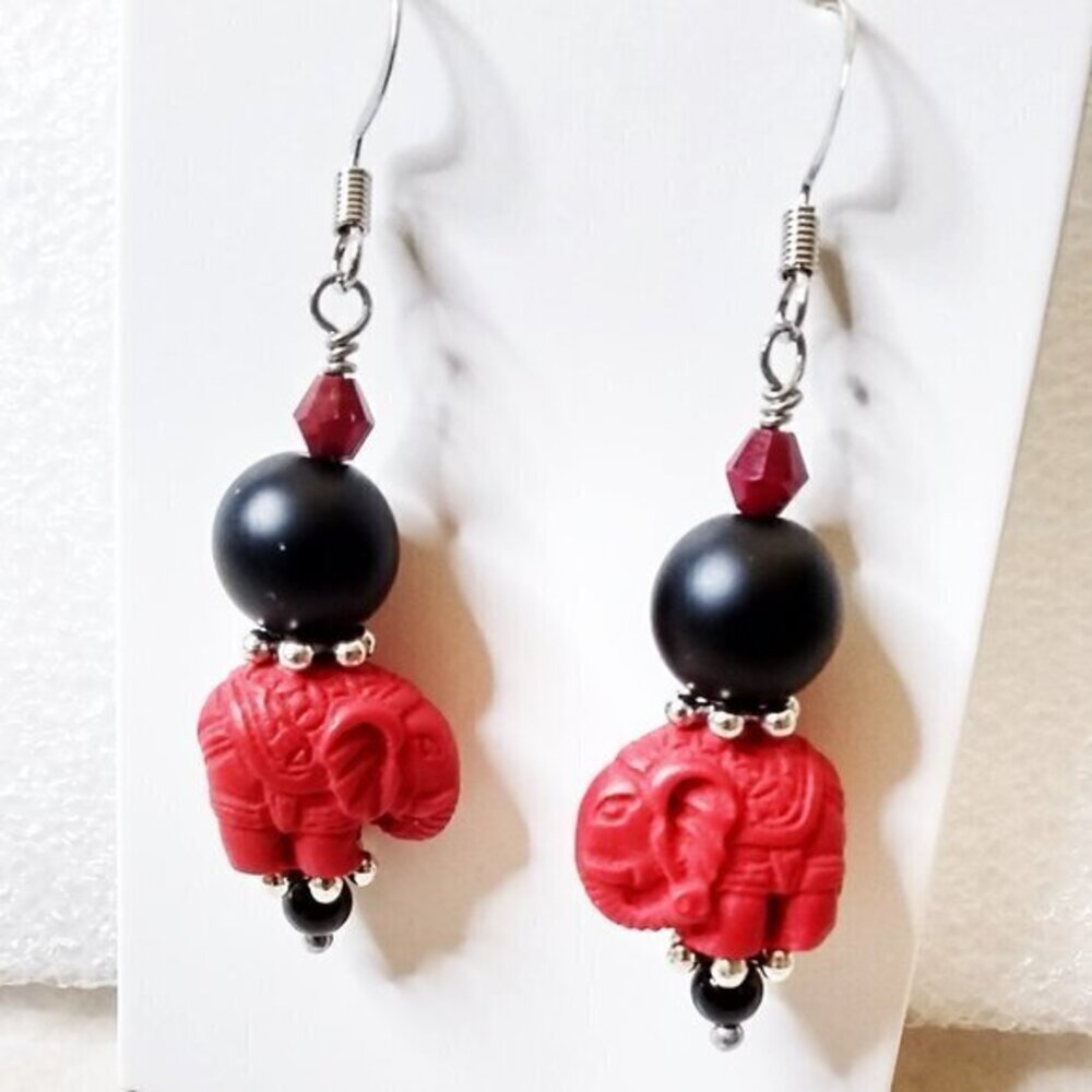 Super Cute! Large & Chunky! Black + Red Elephant Dangle Earrings! Tuskers!!! - Picture 8 of 10